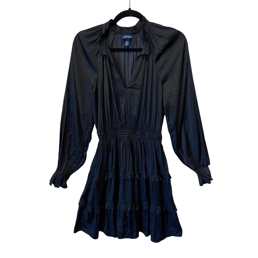 Black Pleated Satin Mini Dress XS Long Sleeve Tiered Ruffle Smocked Waist - Picture 2 of 8